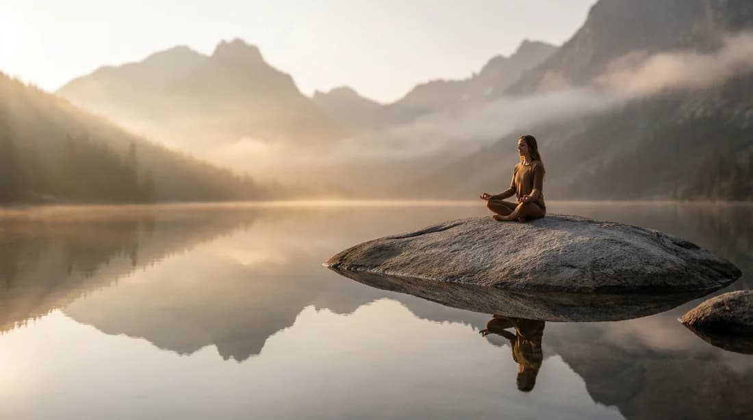 Une femme méditant sereinement au bord d'un lac de montagne au lever du soleil pour illustrer l'harmonie corps-esprit