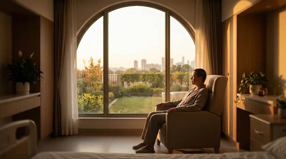 Une personne pensive assise près d'une fenêtre baignée de lumière dorée, illustrant la résilience face à la maladie.