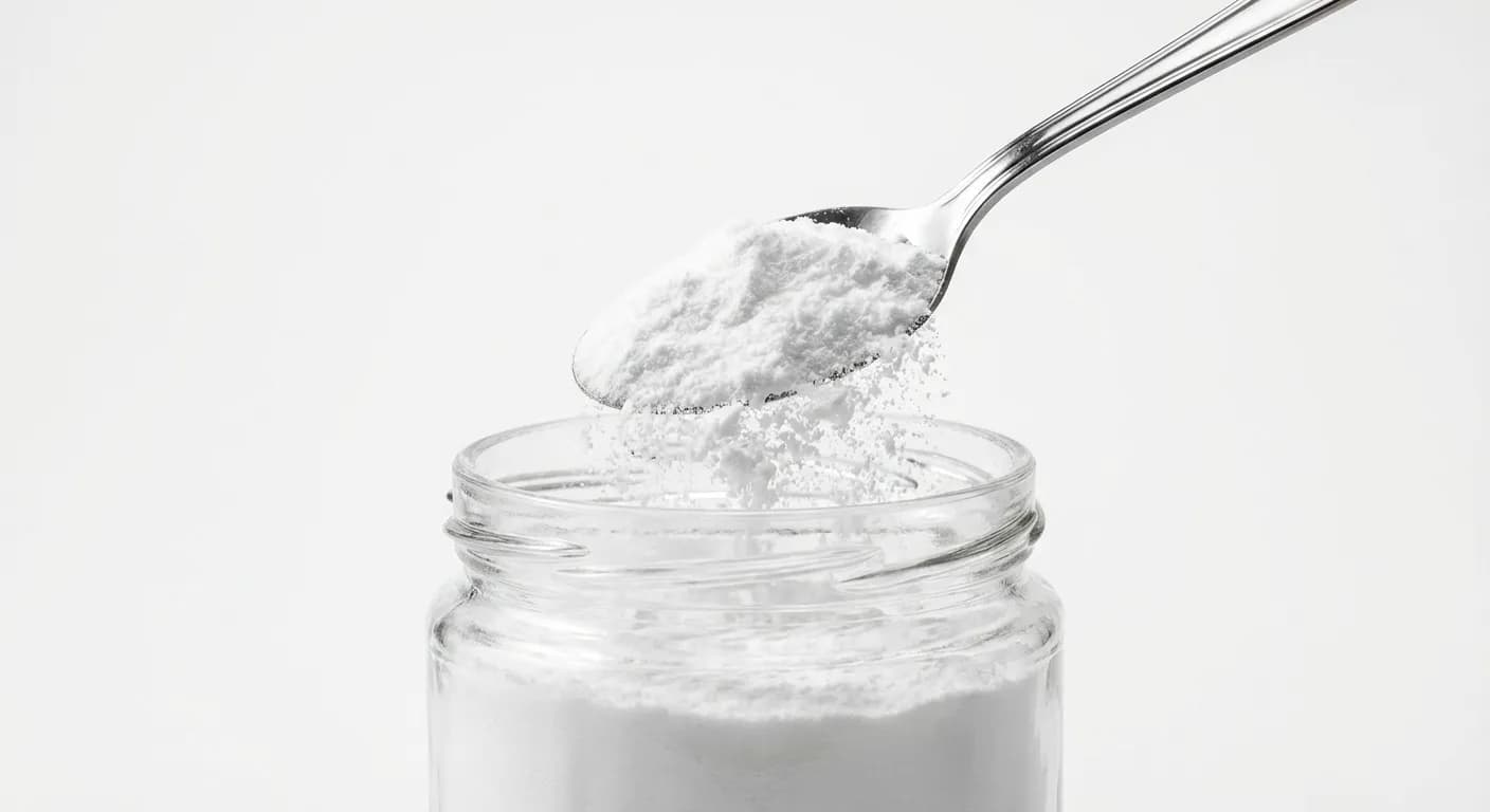 Cuillère de bicarbonate de soude sur fond blanc