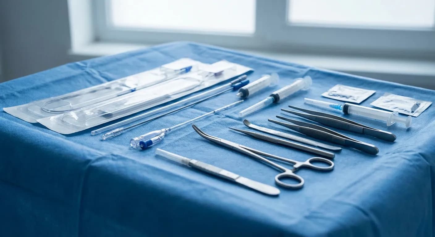 Détail du matériel médical utilisé pour une ponction fémorale percutanée