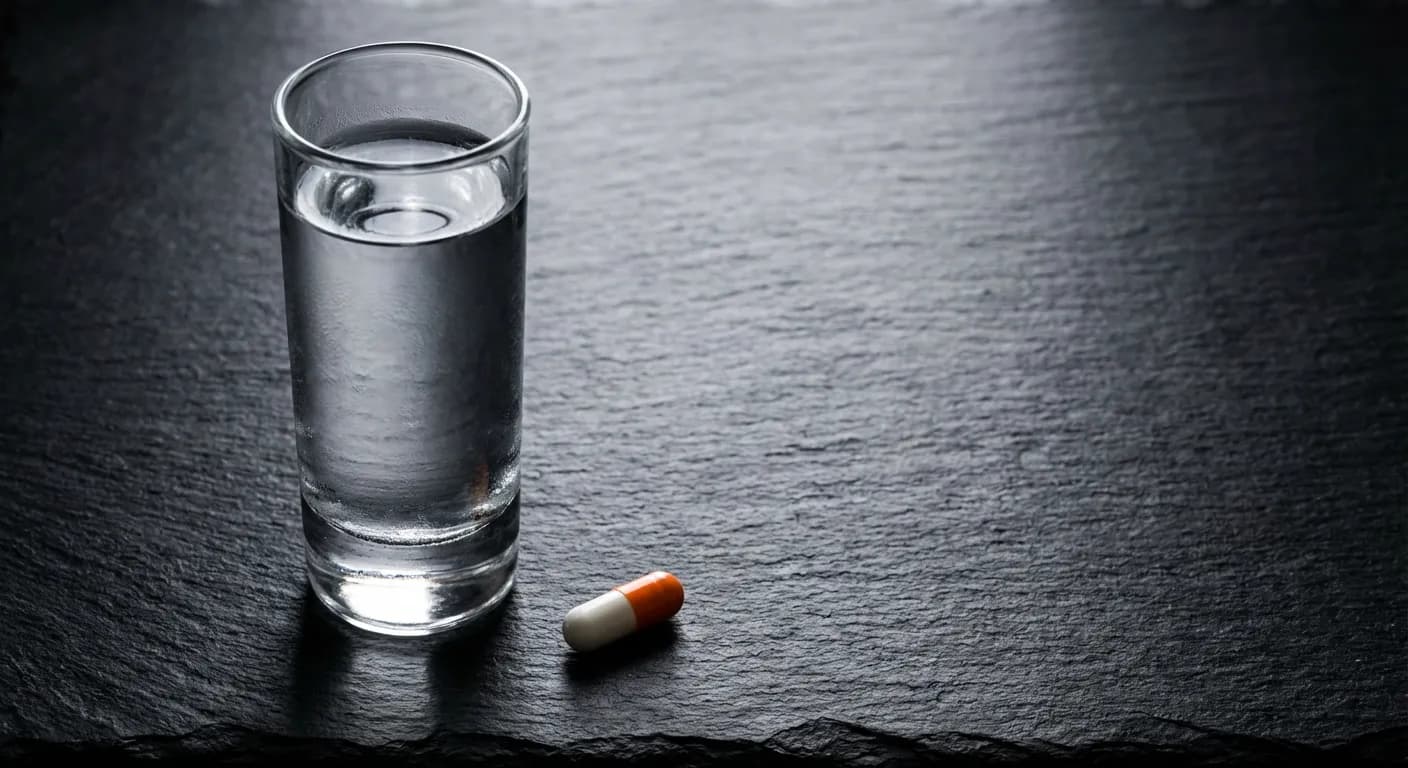 Gélule et verre d'eau sur fond sombre minimaliste