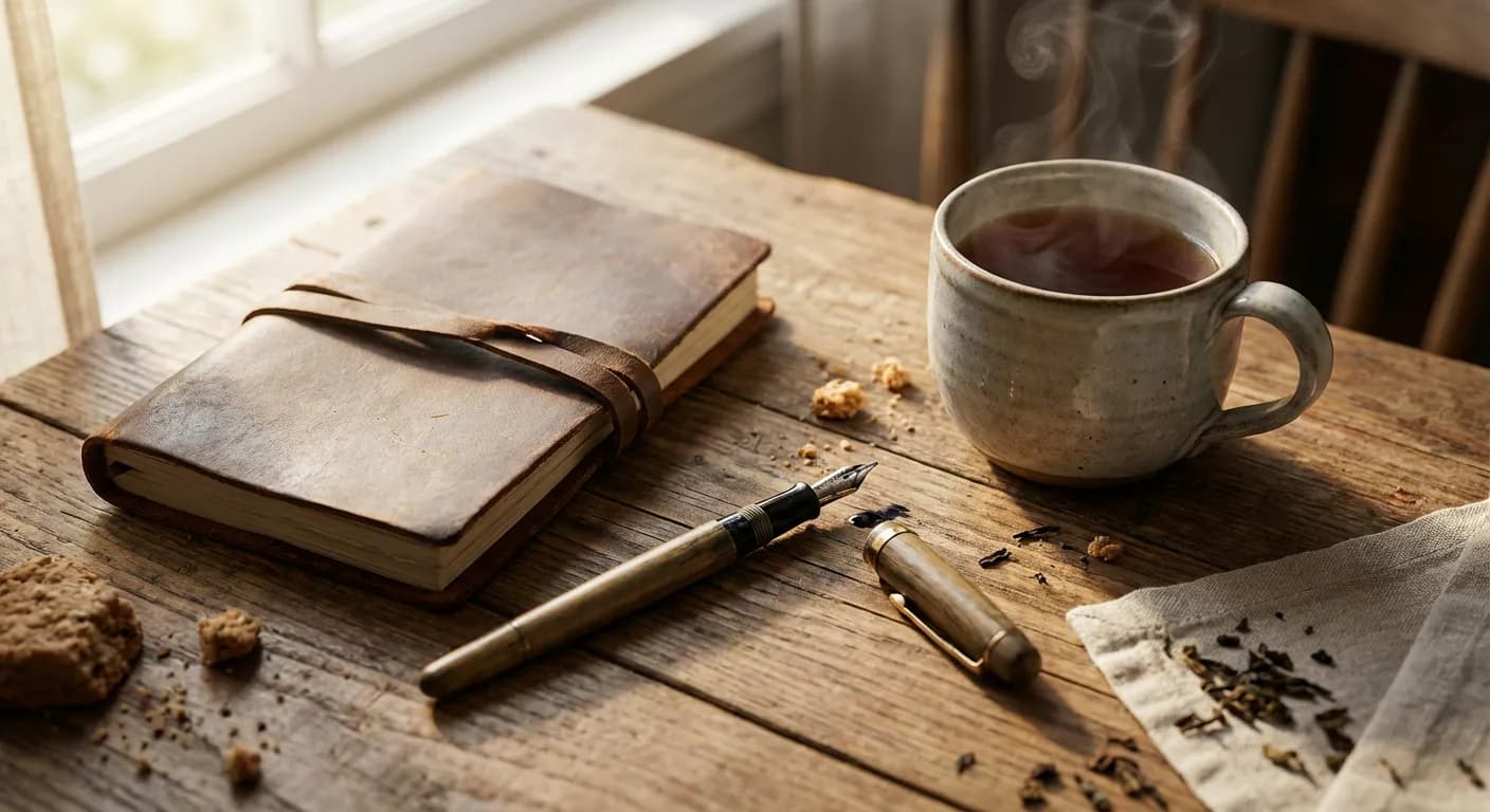 Un carnet de notes et une tasse de thé chaud, symbolisant le suivi et le bien-être durant le sevrage