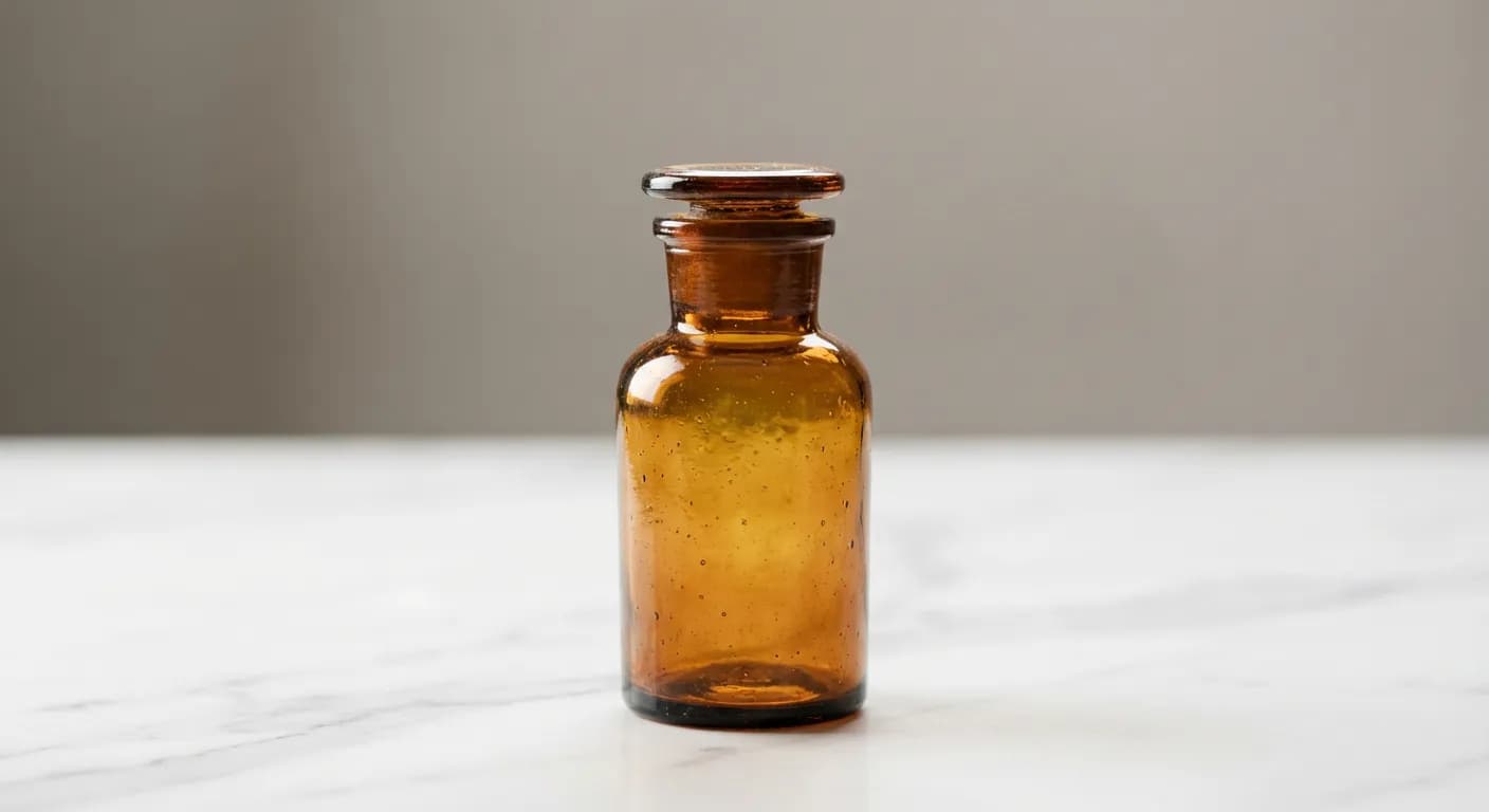 Flacon apothicaire de julep gommeux sur fond épuré.