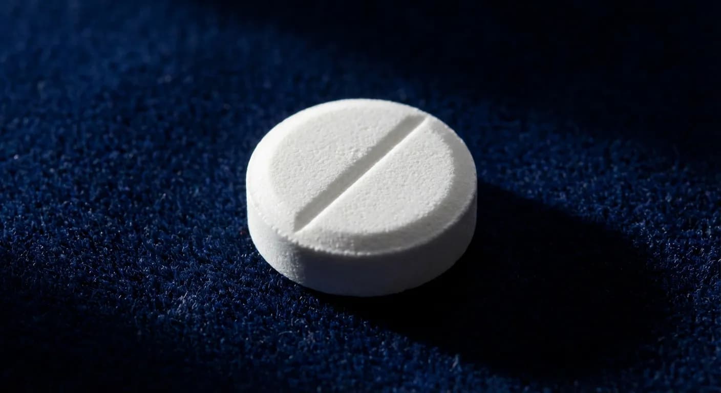 Gros plan iconique d'un comprimé de Lexomil sur fond sombre