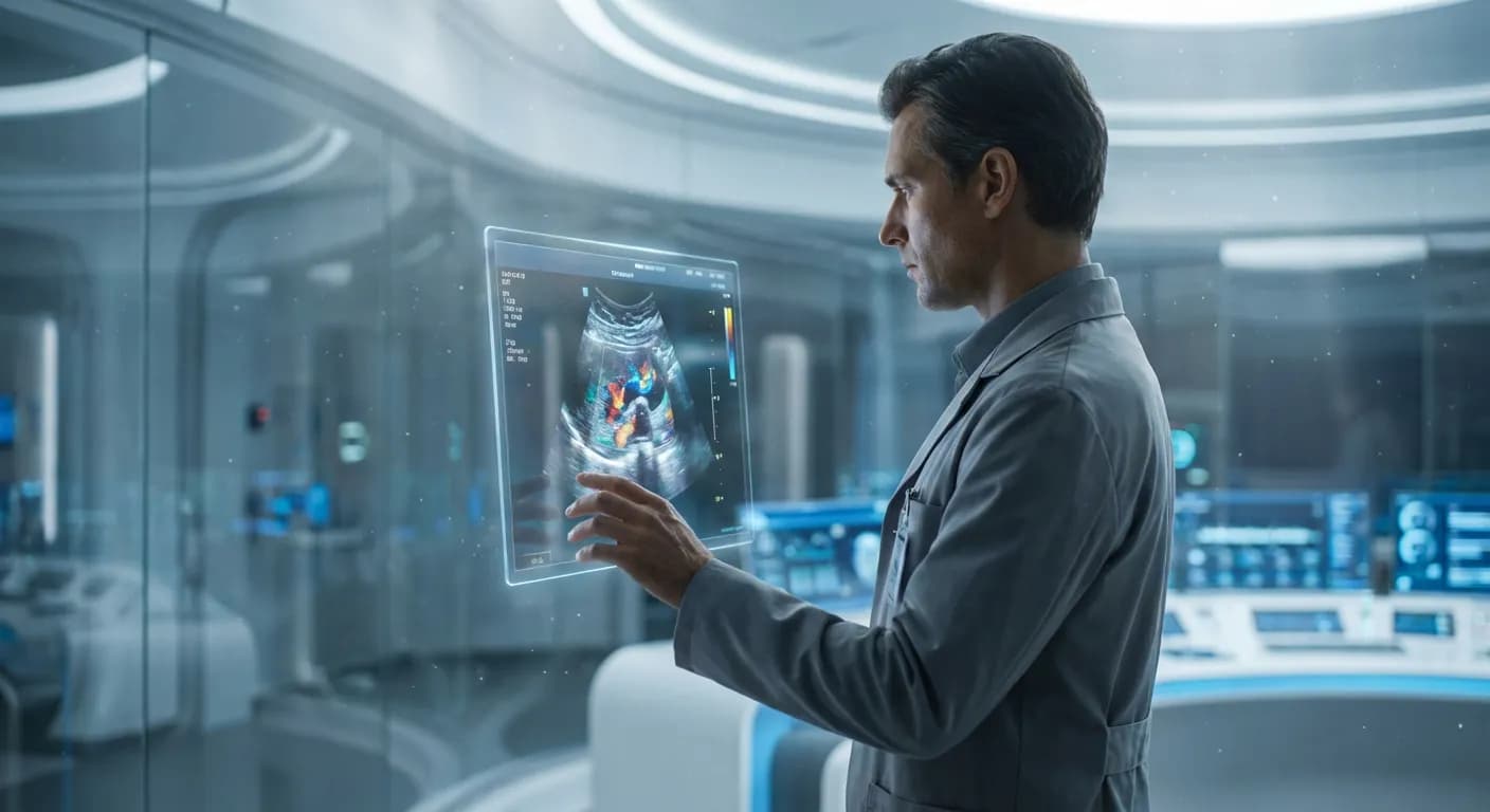Un médecin expert analysant une échographie détaillée sur un écran haute définition.
