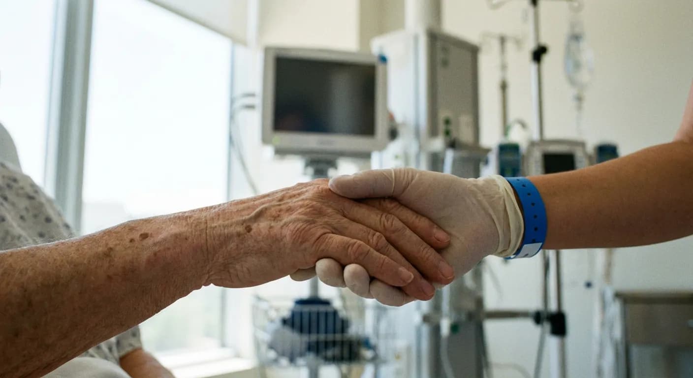 Gros plan d'un professionnel de santé tenant la main d'un patient atteint de neuropathie.