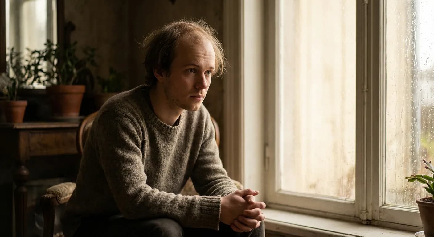 Jeune homme pensif illustrant le poids psychologique de la perte de cheveux précoce.