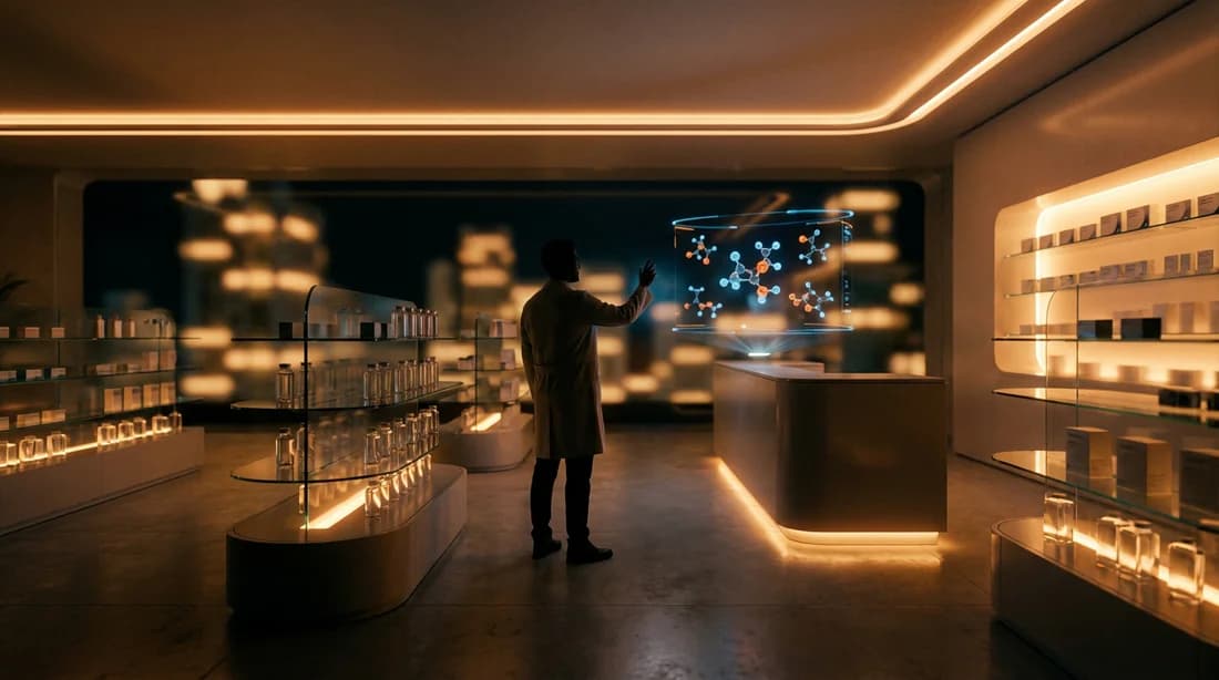 Vue cinématographique d'une pharmacie futuriste avec des données de santé holographiques symbolisant le décryptage de la santé.