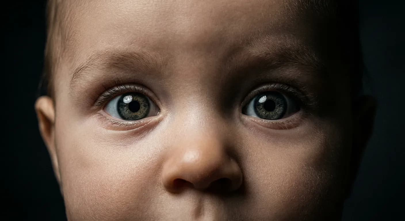Portrait en gros plan d'un bébé aux yeux grands ouverts dans l'obscurité.