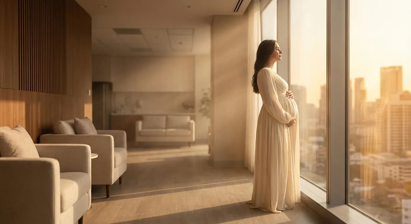 Une femme enceinte dans une clinique moderne baignée d'une lumière douce et sereine.