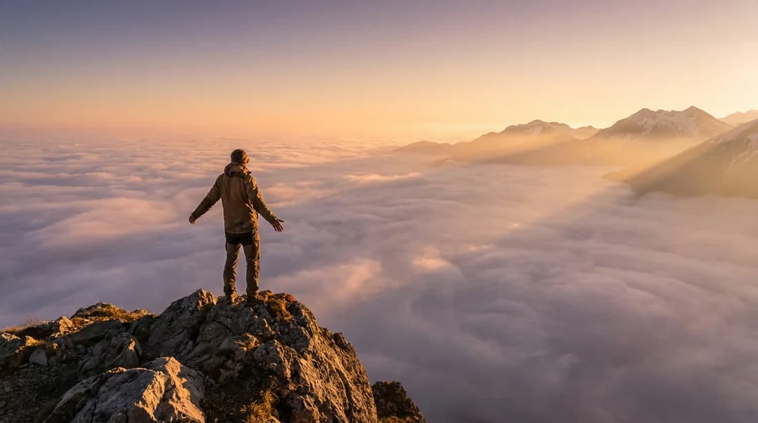 Une personne au sommet d'une montagne au lever du soleil symbolisant la clarté et l'équilibre mental