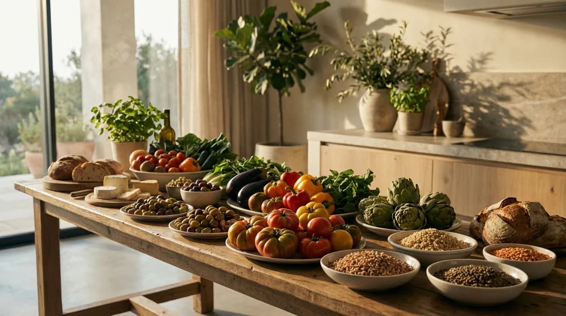 L'art de la nutrition durable et équilibrée Un arrangement artistique de légumes frais et de grains entiers baigné par la lumière du matin