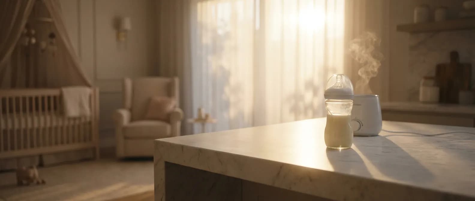 Conservation du lait maternel et gestion du gaspillage Biberon de lait maternel sur un comptoir élégant baigné par la lumière du soleil