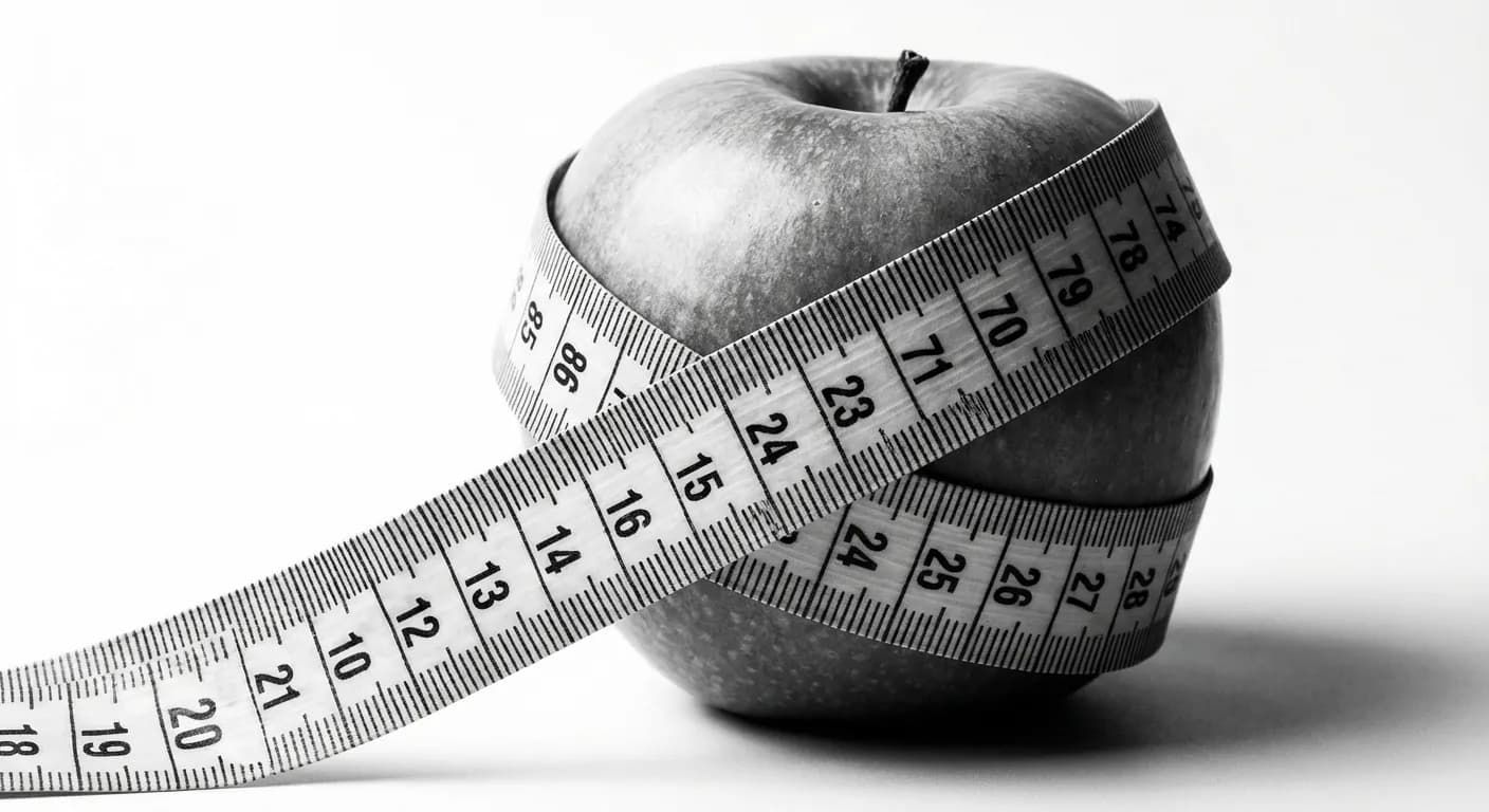 Sleeve : perte de poids après 15 jours (résultats) Mètre ruban autour d'une pomme verte fraîche sur fond blanc, symbole de perte de poids.