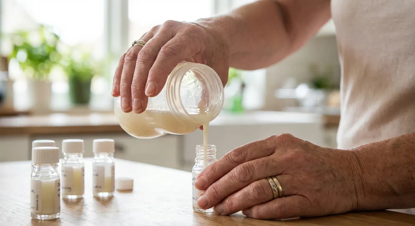 Astuces pour conserver le lait maternel Mains versant du lait maternel dans des contenants de conservation