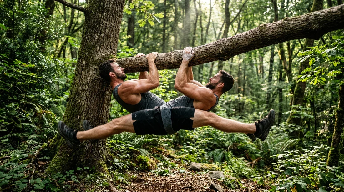 Méthode naturelle pour remplacer les tractions Démonstration d'exercice de musculation en forêt