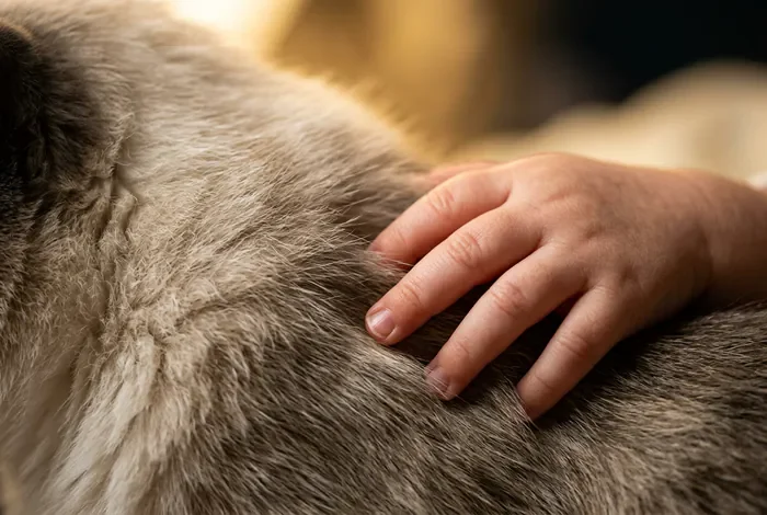 Faire cohabiter un bébé et un chat dans la même chambre Gros plan sur la main d'un bébé posée sur le pelage d'un chat