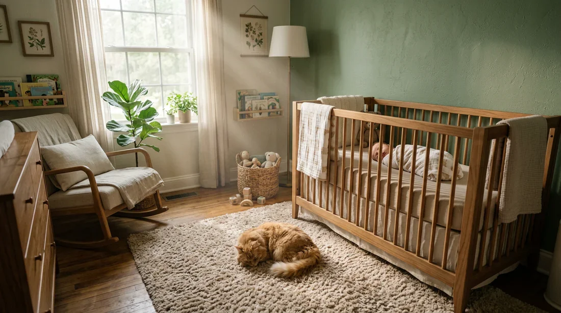 Bébé et chat dans la même chambre : cohabitation sereine Un bébé endormi dans son berceau avec un chat posé calmement à proximité dans une chambre lumineuse