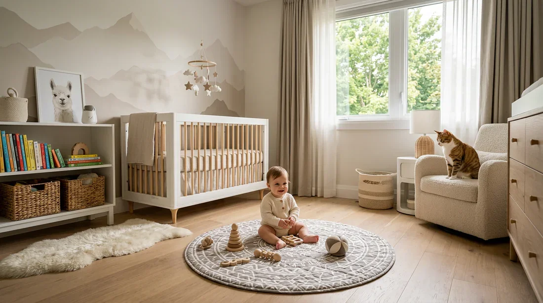 Aménager une chambre saine pour bébé et chat Vue d'ensemble d'une chambre d'enfant sécurisée avec un bébé et son chat