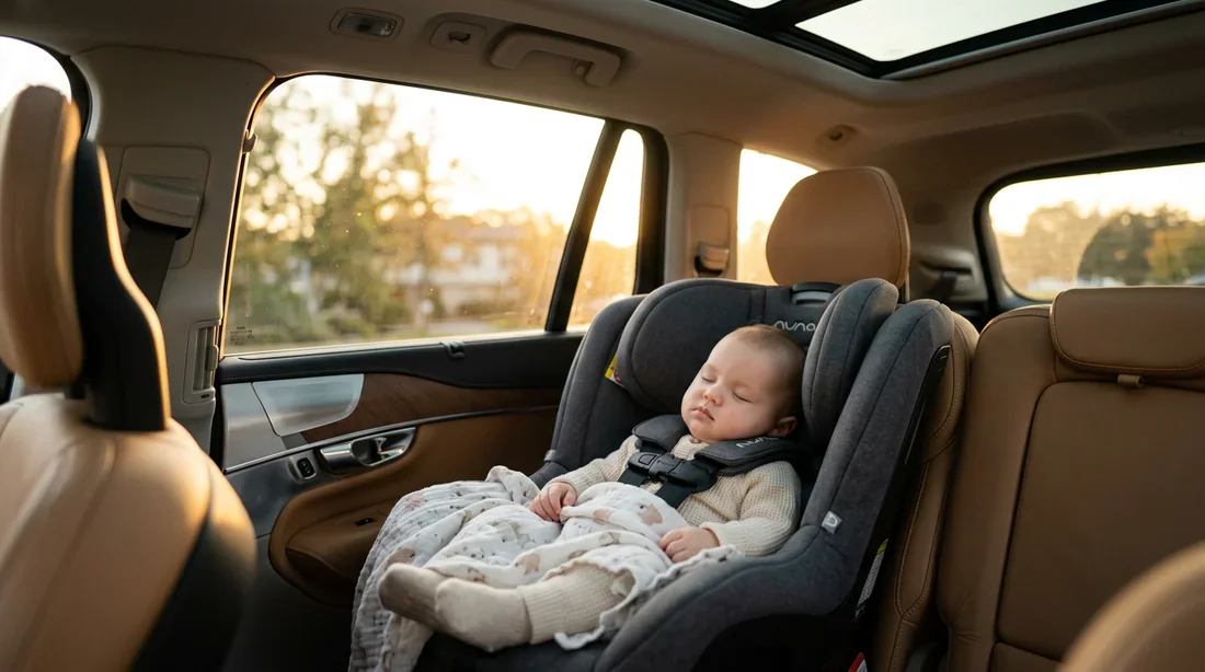 Un bébé serein dans un siège auto haut de gamme à l'intérieur d'une voiture moderne baignée par une lumière dorée.