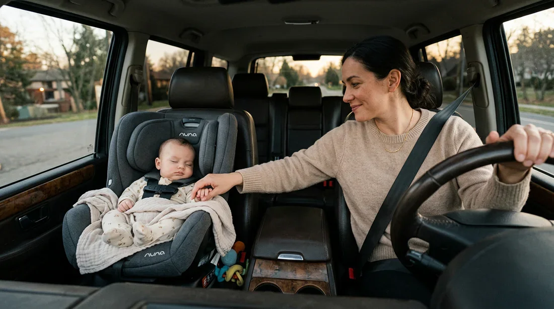 Un parent réconfortant son bébé en toute sécurité lors d'un trajet en voiture.