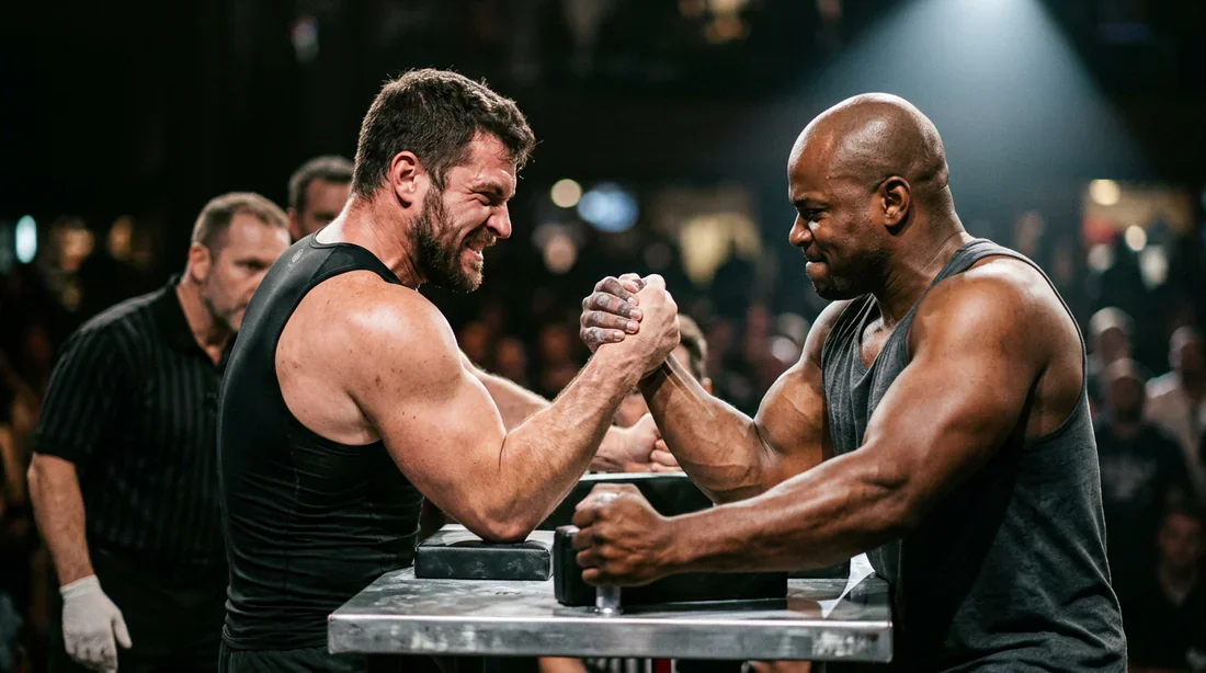 Le duel au sommet : tension musculaire Duel de bras de fer professionnel mettant en avant la tension musculaire et l'intensité du sport