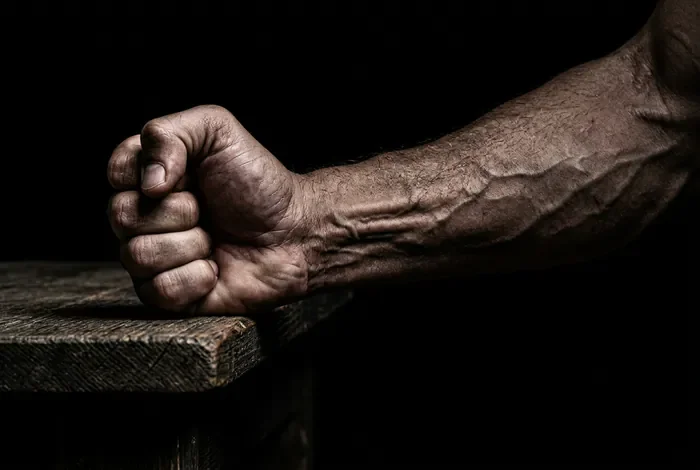 Gros plan minimaliste sur la contraction musculaire d'un avant-bras lors d'un bras de fer