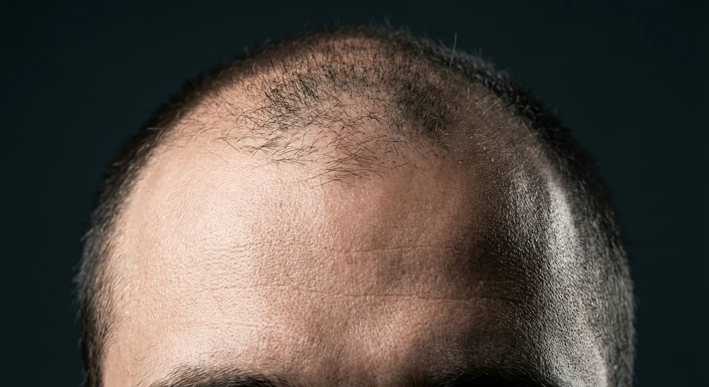 Détail macro d'une ligne de cheveux sur fond sombre montrant les premiers signes de calvitie.