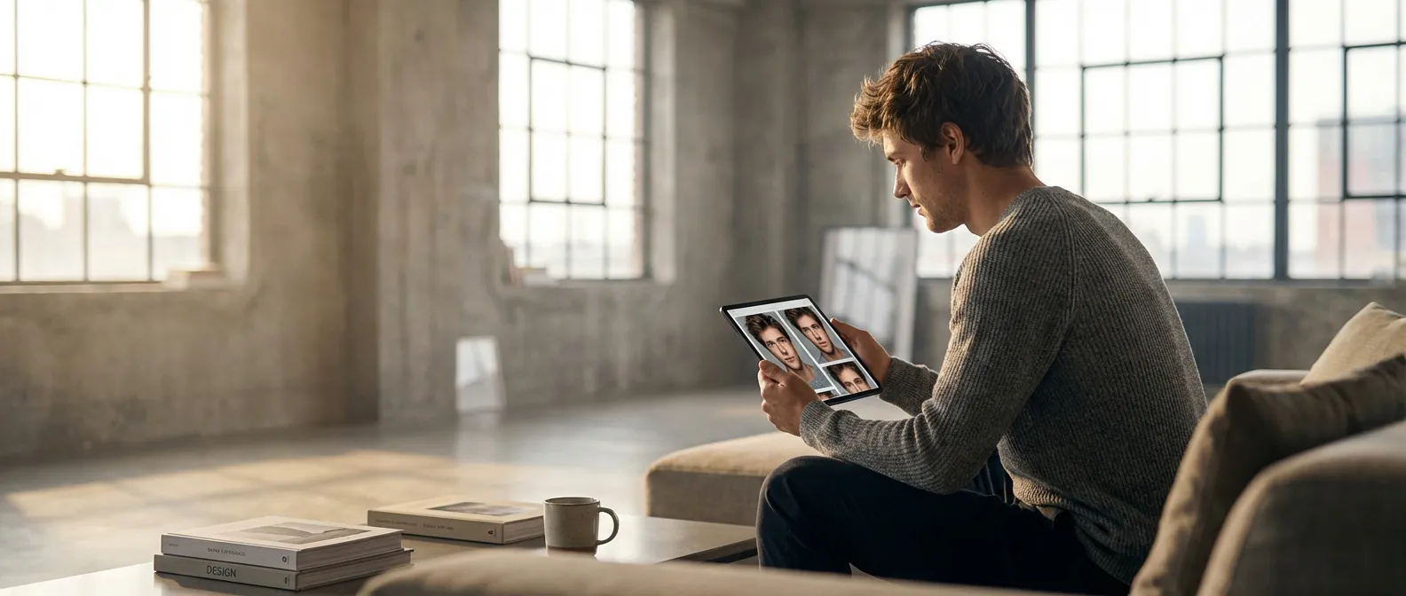 Jeune homme de 20 ans analysant ses photos pour détecter une calvitie précoce dans un cadre élégant.