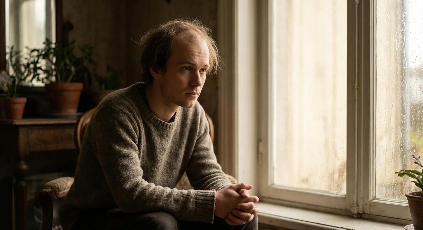 Jeune homme pensif illustrant le poids psychologique de la perte de cheveux précoce.