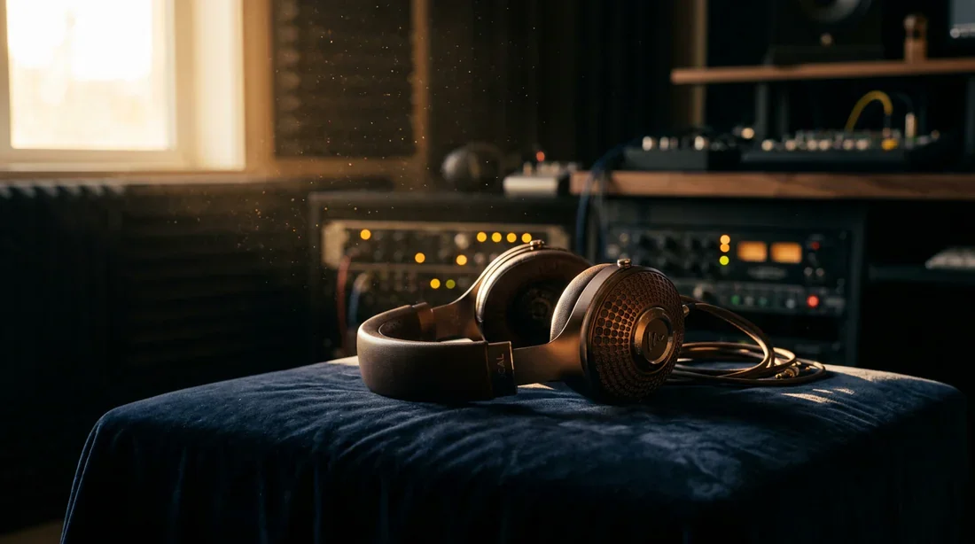 Le son préservé : l'art de l'écoute Casque audio haut de gamme posé sur une surface sombre avec un éclairage cinématographique
