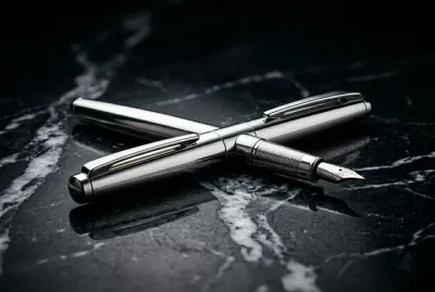 Gros plan minimaliste d'un stylo de luxe sur un support en marbre