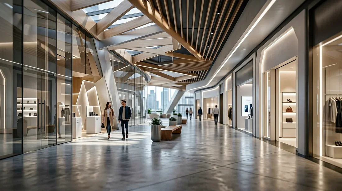 Vue cinématique d'un intérieur de magasin moderne et épuré avec un éclairage doux