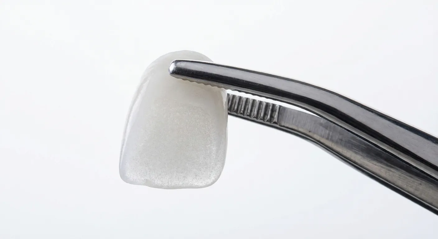 Détail d'une facette dentaire en porcelaine maintenue par une pince médicale.