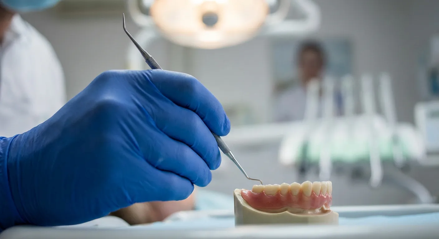 Gros plan technique d'une procédure dentaire illustrant l'aspect définitif du soin.