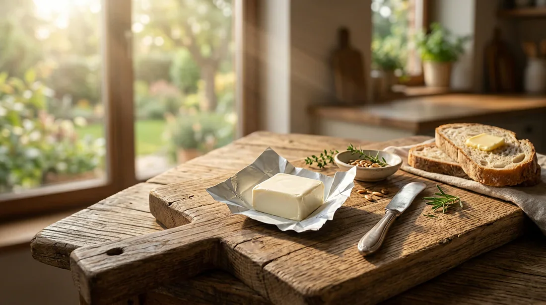 Peut-on consommer un fromage Kiri après sa date de péremption ? Un portion de Kiri posée sur une planche en bois dans une ambiance lumineuse