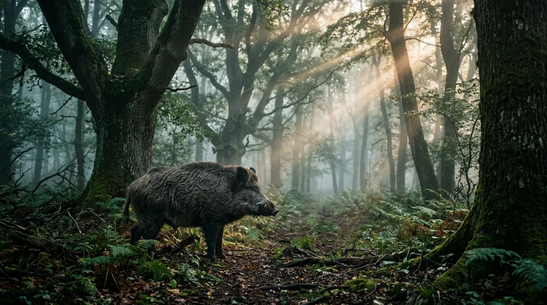 Un sanglier sauvage dans une forêt brumeuse au lever du soleil