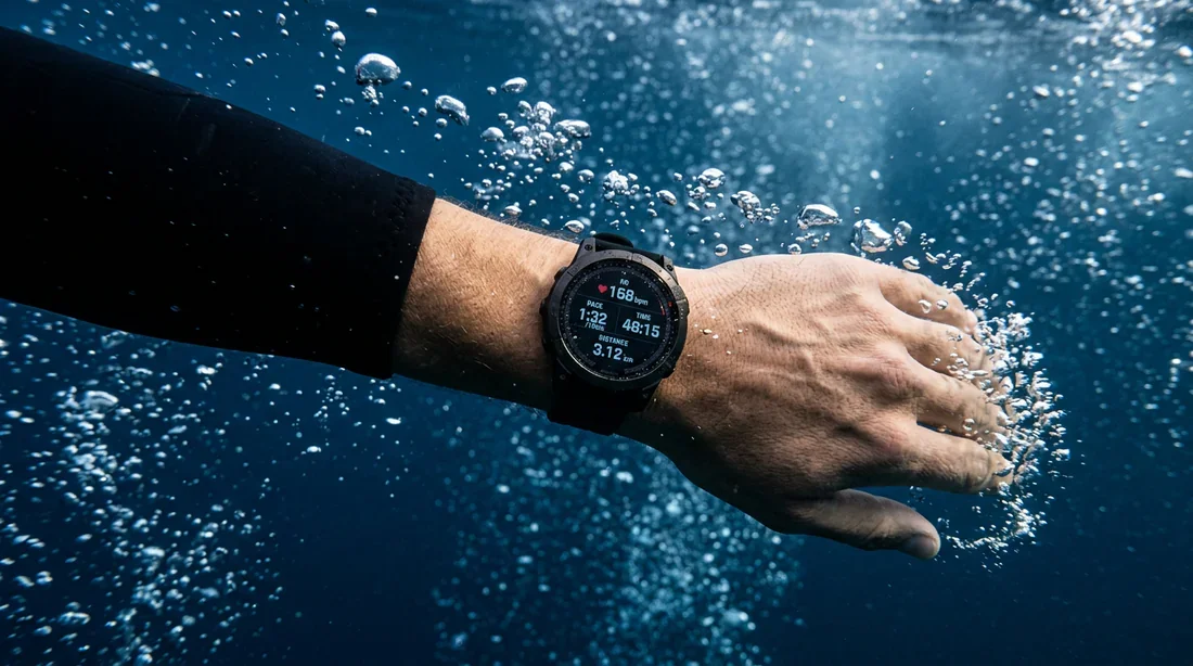 Analyse des performances aquatiques et santé Détail technique d'une montre connectée affichant des données de santé pendant une session de natation