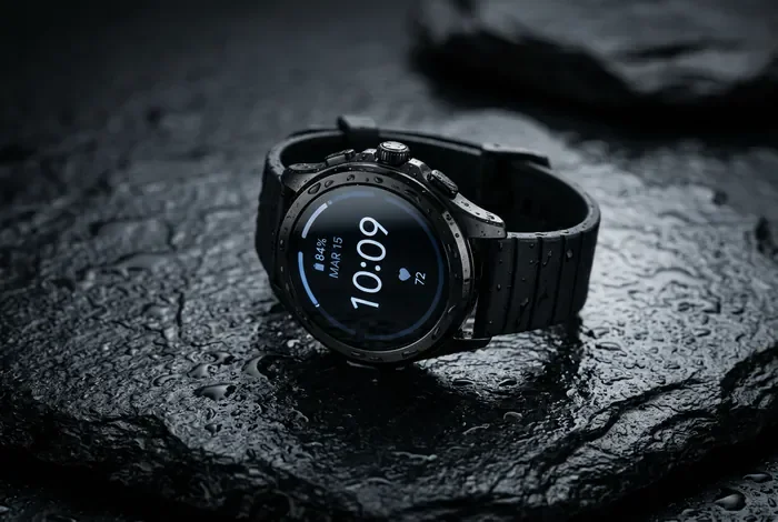 Comment choisir une montre connectée pour natation en 2026 Gros plan minimaliste sur une montre connectée haut de gamme posée sur une pierre mouillée