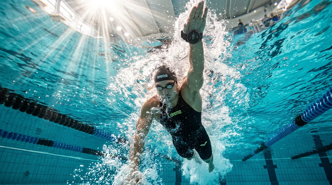 Immersion totale : choisir sa montre connectée pour la natation Nageur professionnel portant une montre connectée moderne dans une piscine olympique avec des rayons de lumière
