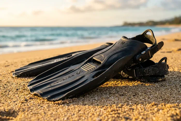 Gros plan sur des palmes de natation posées sur le sable au coucher du soleil.