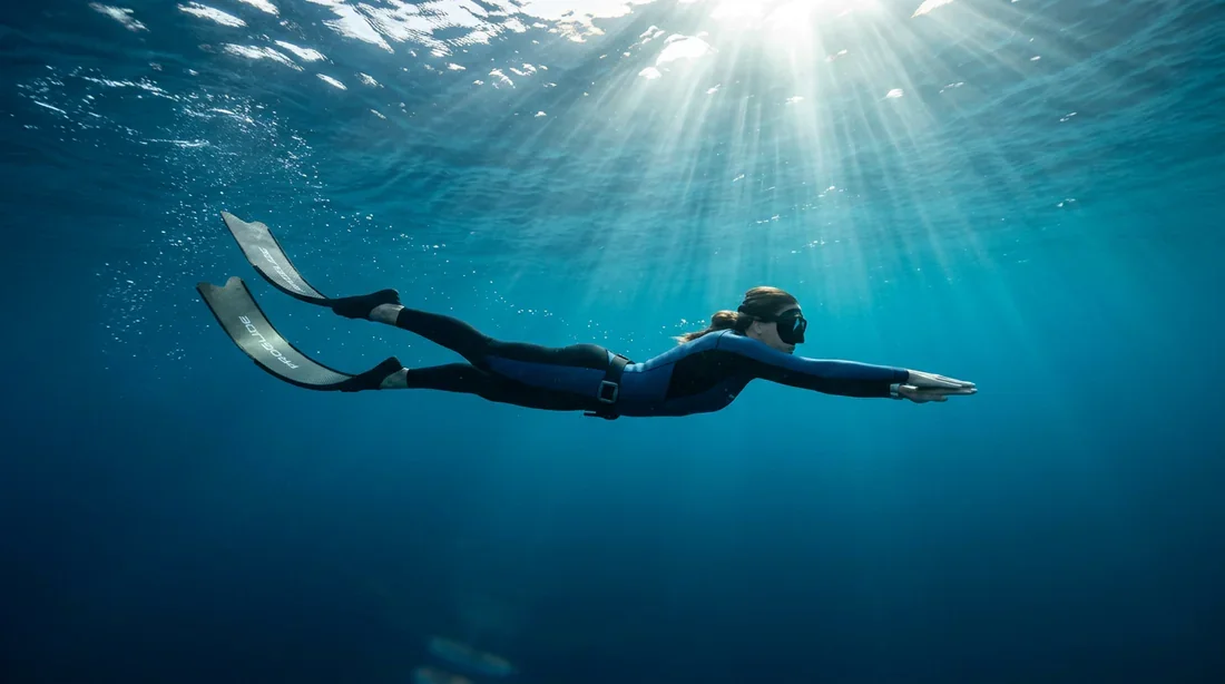 Nager avec des palmes : une expérience immersive Un nageur professionnel sous l'eau avec des palmes pour illustrer les effets physiques de la natation.