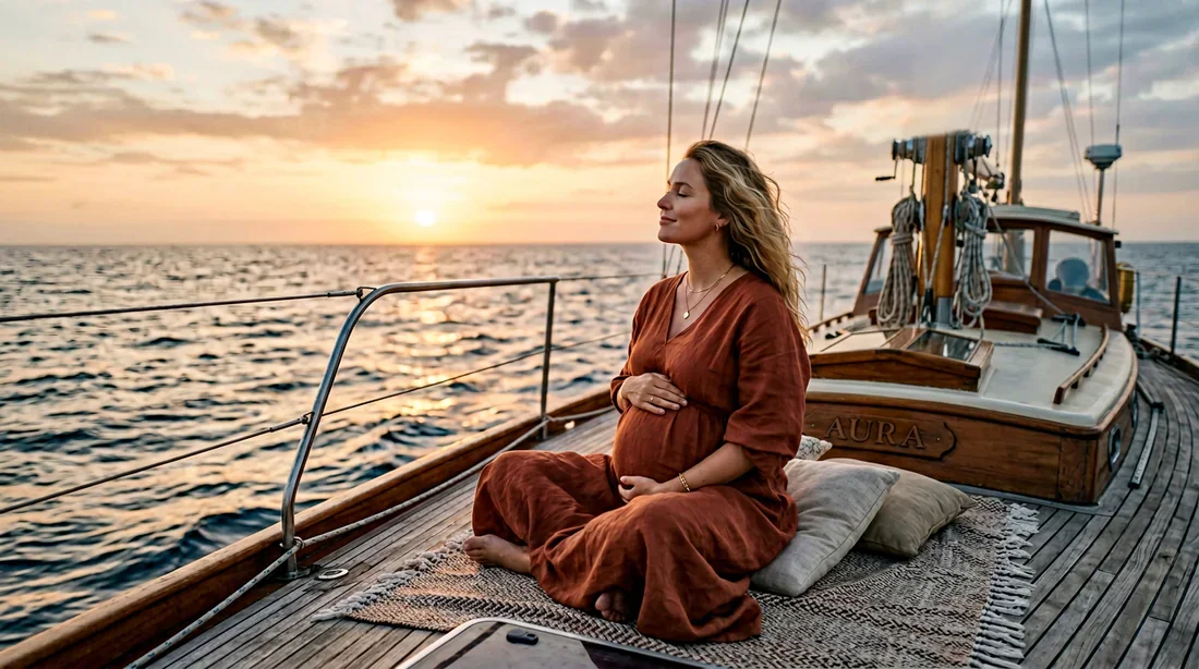 Femme enceinte profitant d'une sortie en mer sur un voilier au coucher du soleil