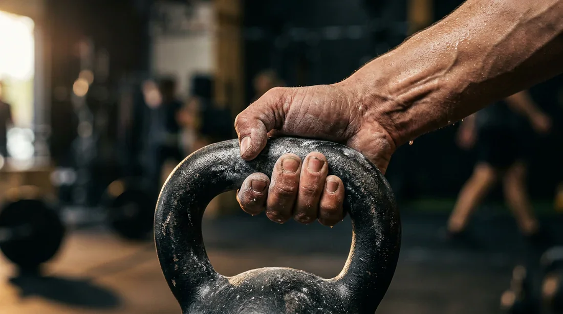 Gros plan sur une main saisissant la poignée d'un kettlebell