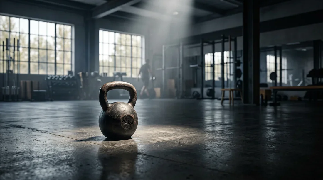 Un kettlebell posé sur un sol de salle de sport moderne