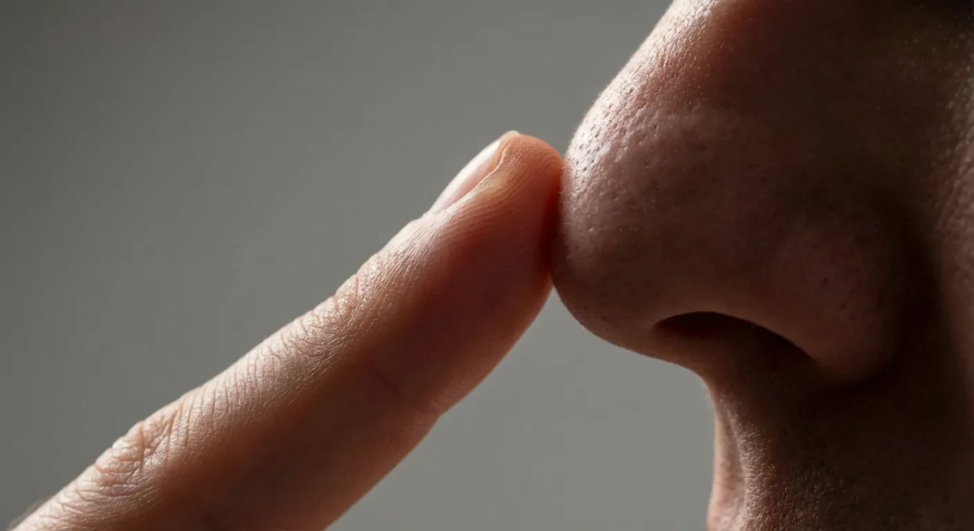 Est-ce que toucher son nez le fait grossir ? Vrai ou Faux Gros plan d'un doigt touchant le bout du nez, style minimaliste et contrasté.