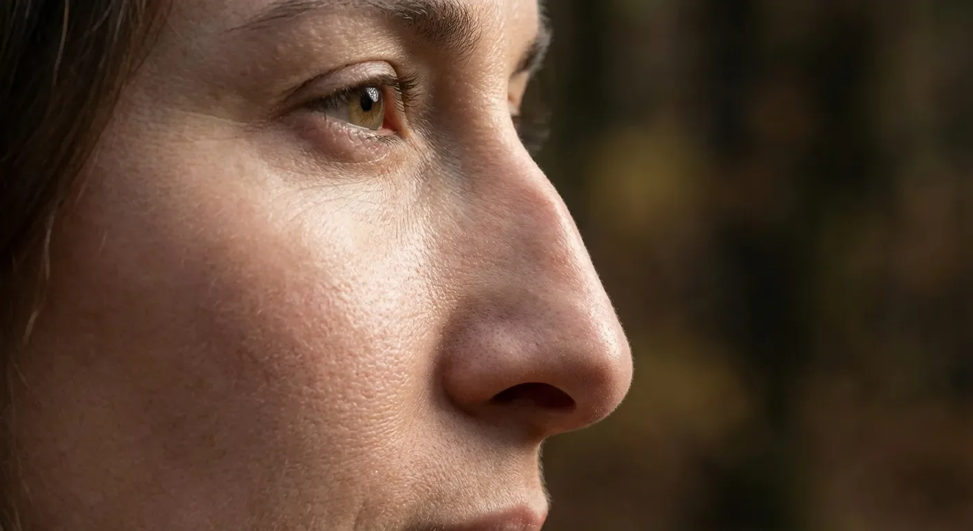 Profil de visage humain avec éclairage cinématique mettant en avant l'anatomie nasale et la texture de la peau.