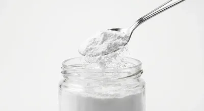 Cuillère de bicarbonate de soude sur fond blanc