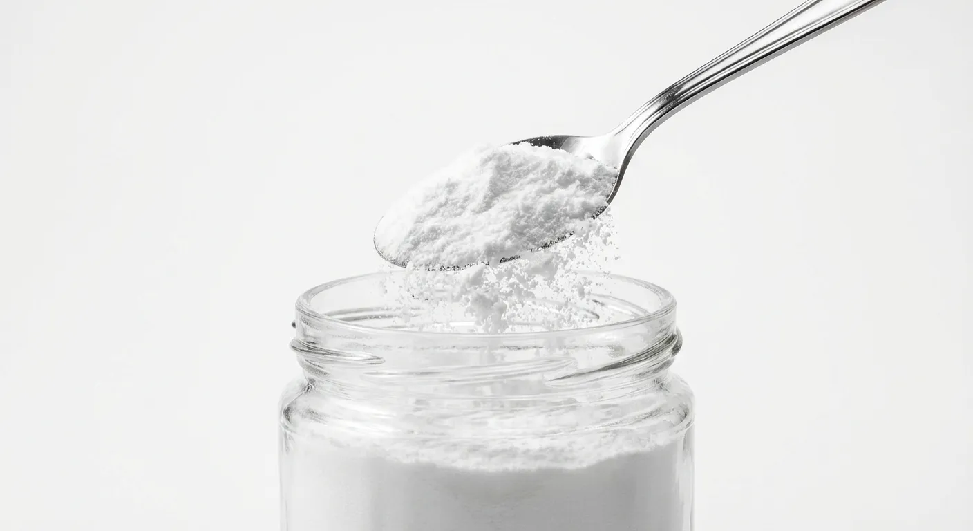 Cuillère de bicarbonate de soude sur fond blanc