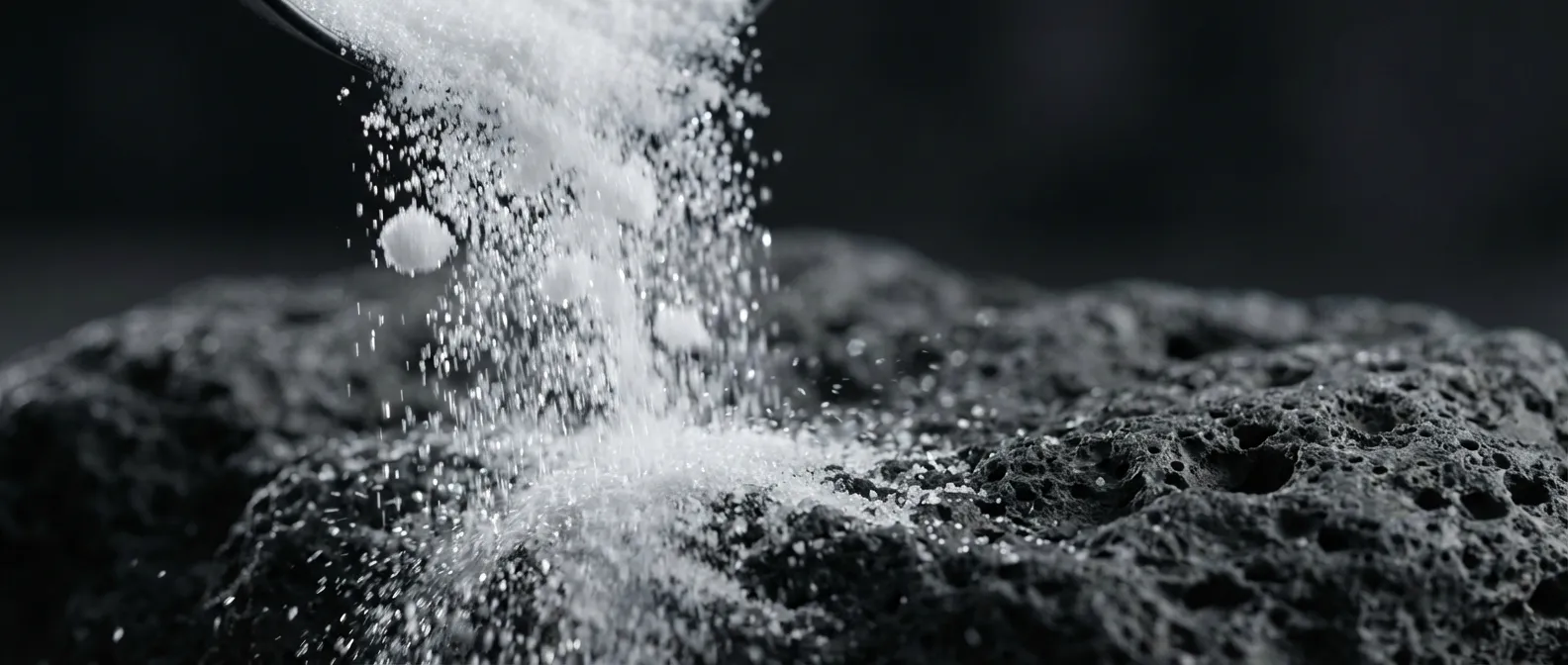 Gros plan artistique de poudre de bicarbonate de soude sur fond sombre